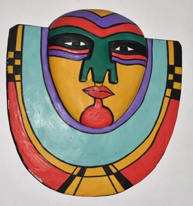 Stunning Laurel Burch Multicolor Wood Tribal Face Mask Wall Hanging 8"x8" VTG - Picture 1 of 5