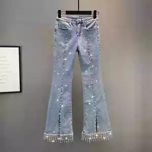 Lady Denim Jean Bell-bottoms Pants Flared Trousers Beaded Rhinestone Tassel - Picture 1 of 24