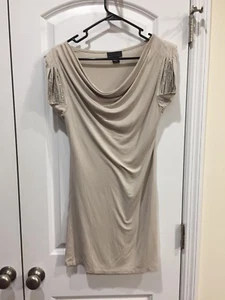 Womens Tan Apostrophe Dress W Embellished Short Sleeves Sz Large - Picture 1 of 9