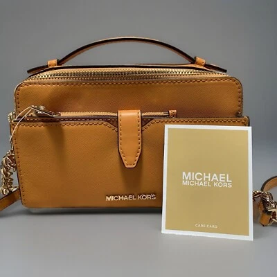 Michael Kors Honey Gold Saffiano Leather Small Crossbody Purse Handbag w/Wallet - Image 1 of 4