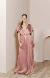 Revelry Gwen Satin Maxi Bridesmaids Dress Gown Desert Rose Size 4 A-Line V-Neck - Picture 1 of 13