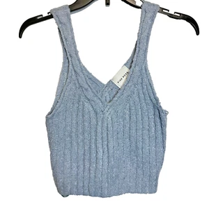 Suéter sin mangas rosa talla M azul acanalado tejido cuello en V elástico suave preparación - Imagen 1 de 8