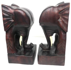 Vintage Elephant Book Ends Solid Carved Dark Wooden w/ Tusks 10” - Picture 1 of 13