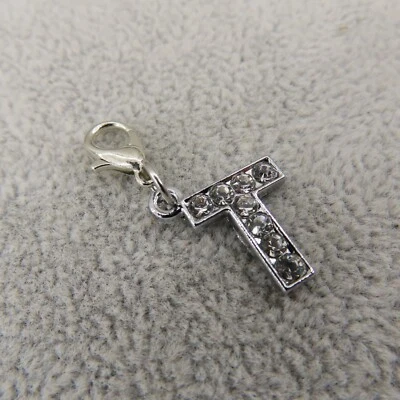 RHINESTONE Initial LETTER T Charm Zipper Pull Keychain Add On Clip Silver Tone - Image 1 of 4
