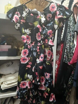 Little Girls Romper Dress XS 4/5 ~ Black w/ Pink Floral Print ~ Pink & Violet ~ - Image 1 of 4