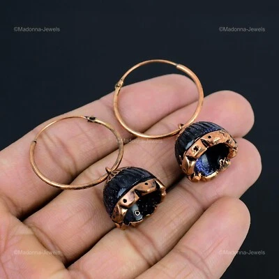 Pendientes redondos de piedra solar azul hechos a mano colgantes electroformados joyería cobre Foto 1 de 4