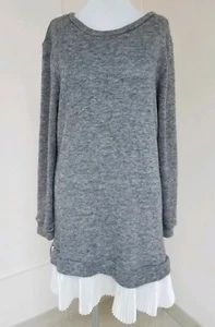 Dex 1963 Sweater/Tunic Dress Grey Lng Sleeve Wool Blend White Ruffle Bottom Sz M - Picture 1 of 12