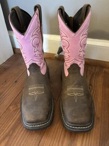 Georgia Boots Youth 2 Brown Pink Square Toe Zippers Leather Work boots Cowboy - Picture 1 of 4