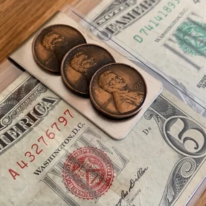 Lincoln Cent Stainless Steel Money Clip with Two Collectible 1963 $5 Bills - Picture 1 of 8