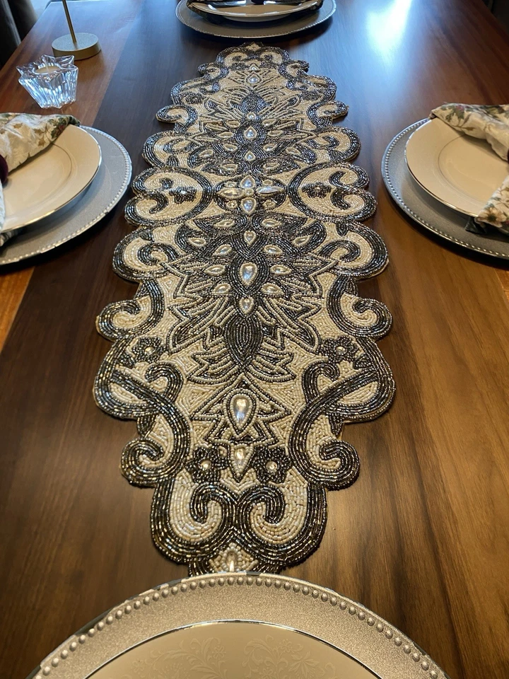 Pier One Beaded & Rhinestone White & Silver Holiday Table Runner 12 X 39 Read - Image 1 of 4