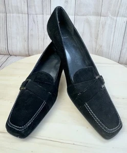 Stuart Weitzman Black Suede Kitten Heel Loafers Buckle Detail Size 7N Spain - Picture 1 of 17