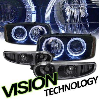 Blk Halo Projector Headlights Am+Bumper Jy 00 For 01-06 GMC Yukon/Sierra Denali - Image 1 of 2