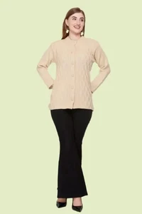 Cárdigan tejido cuello redondo indio beige diseño propio para mujer mangas completas - Imagen 1 de 4