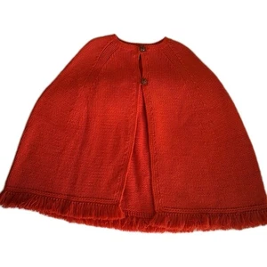 L~ LUCKY BRAND Red Orange Knit Wool Open-front 2 Leather Button Cape/Poncho - Picture 1 of 8
