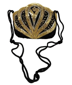 Bolso de Noche con Cuentas de Colección Bolso de Hombro Vestido Negro y Dorado Discoteca Retro - Imagen 1 de 7