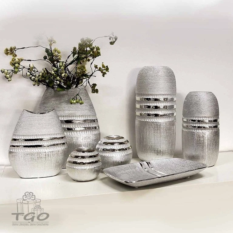 Gilde Vase Teelichthalter Schale SILVINO aus Keramik silber - Bild 1 von 1