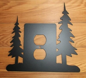 Tree on Each Side Single Wall Plug Plate Outlet Cover Cabin Rustic Metal Art - Picture 1 of 3