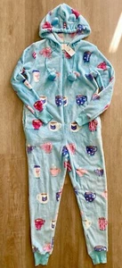 NWT Munki Munki Plush Fleece Coffee Mug Cup Cats One Piece Pajama Hood Womens XS - Picture 1 of 5