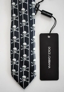 🆕️ Auth DOLCE & GABBANA SKULL Printed 100% SILK SKINNY Necktie - Picture 1 of 7