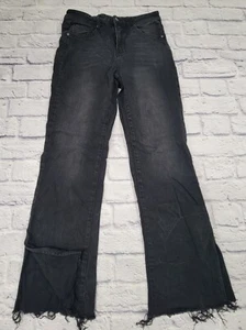 RISEN 28 / 7 RDP1448 Black Denim Jeans Frayed Flare Leg Distressed Stretch Pants - Picture 1 of 14