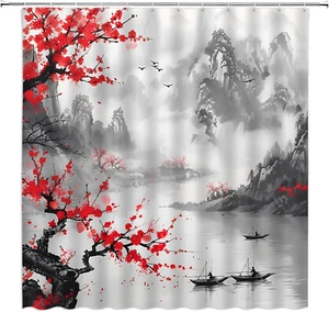 Cherry Blossom Shower Curtain Asian Japanese Foggy Mountain Plum Boats River ... - Picture 1 of 4