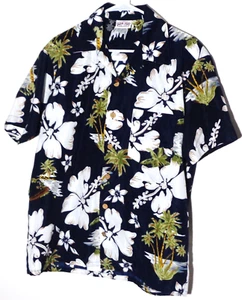 Men's Hawaiian Shirt, Navy Blue with White Hibiscus Flowers, by Ron Jon, Size M - Picture 1 of 6
