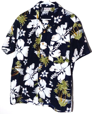 Men's Hawaiian Shirt, Navy Blue with White Hibiscus Flowers, by Ron Jon, Size M - Image 1 of 4