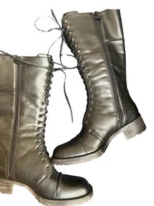 New Nine West 22 COUGAR Black Leather Lace Up Zip Tall Boots Block Womens Size 6 - Picture 1 of 10