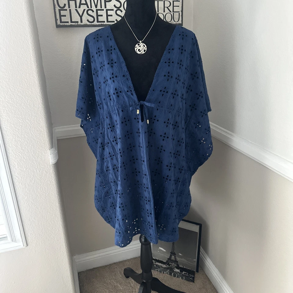 Túnica nova com etiquetas Bleu Rod Beattie 100% algodão ilhós natação azul caftan MED $97 - Imagem 1 de 4