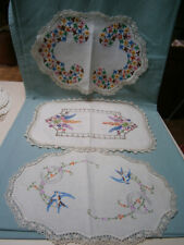 3 ANTIQUE HAND EMBROIDERED FLORAL & BLUE BIRD DOILEYS WITH CROCHET EDGINGS
