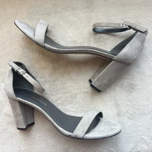 Sandalias Stuart Weitzman Amelina Gris Gamuza Tacón Bloque Mujer 10 M Minimalista - Imagen 1 de 13