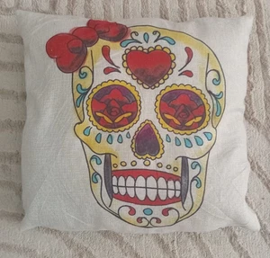 Colorful Day of the Dead Sugar Skull Throw Pillow Decorative Linen Cushion - Picture 1 of 12