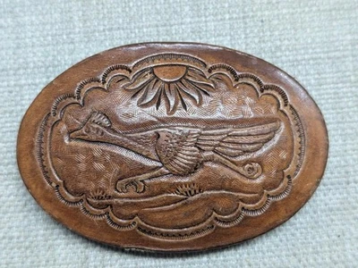 vintage ROAD RUNNER handcrafted TOOLED leather SOUTHWESTERN belt buckle BROWN - Image 1 of 4