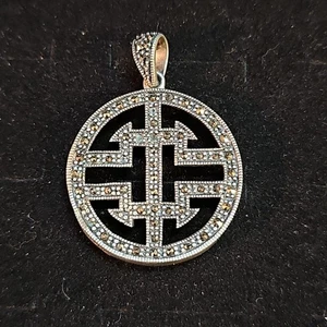 925 Sterling Silver And Marcasite Pendant, Geometric Design, Large - Picture 1 of 11