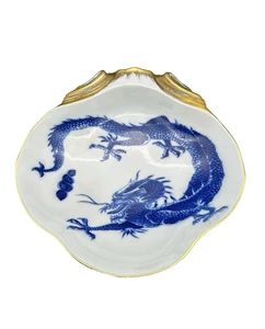 Mottaedeh Muschelschale Servieren 8 Zoll Goldrand Schmuckstück blauer Drache KC - Bild 1 von 8