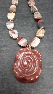 Carved Carnelian Flower Pendent On A Agate Necklace Clasp Marked 925 - Picture 1 of 4