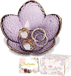 Purple Flower Jewelry Dish Glass Ring Dish Jewelry Tray Cute Vanity Organiser Ro - Picture 1 of 12