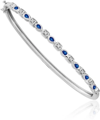 Brazalete con bisagras de diamantes y zafiro azul de oro blanco macizo de 14K Foto 1 de 4