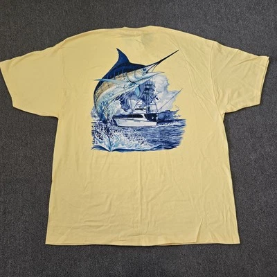 Guy Harvey Size 2XL Marlin Boat Fishing Yellow Pocket T Shirt - Image 1 of 4