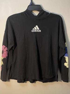 Adidas Youth Girls Black Loose Fitting Hooded Long Sleeve W/Floral Detail Size L - Image 1 of 4
