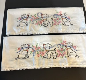 Welpen rosa Blumen gewellter Rand handgenäht Kissenbezüge Standardgröße - Bild 1 von 5