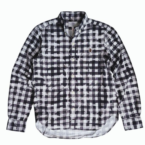 A BATHING APE (BAPE) Bape Mosaic Check Camicia Manica Lunga UOMO Ottima Usata Nero Bianco Taglia M