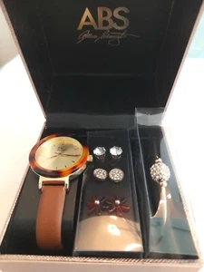 NEW ABS Allen Schwartz Brown/Gold/Diamante Watch/ Bracelet & Earrings Gift set - Picture 1 of 10