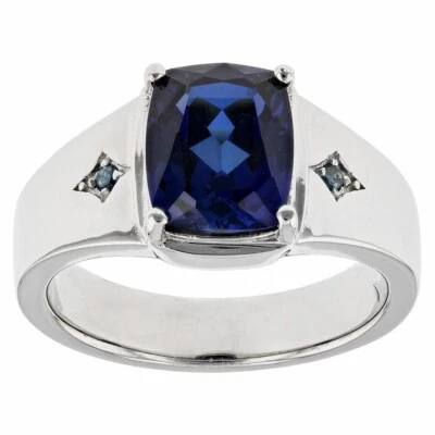 2.49 克拉靠垫切割蓝色蓝宝石 14K 白金 Brlliant Band 男式戒指 — 第 1/4 张图片