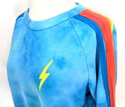 AVIATOR NATION Women’s Neon 5 Stripe Cropped BOLT Sweatshirt Blue Size M VEUC! * - Image 1 of 4
