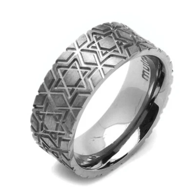 Men 8MM Comfort Fit Titanium Wedding Band Star Of David Flat Ring - Image 1 of 3
