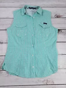 COLUMBIA Women's Blue Sleeveless VEST size L Large Blue White Plaid Q3 - Picture 1 of 7