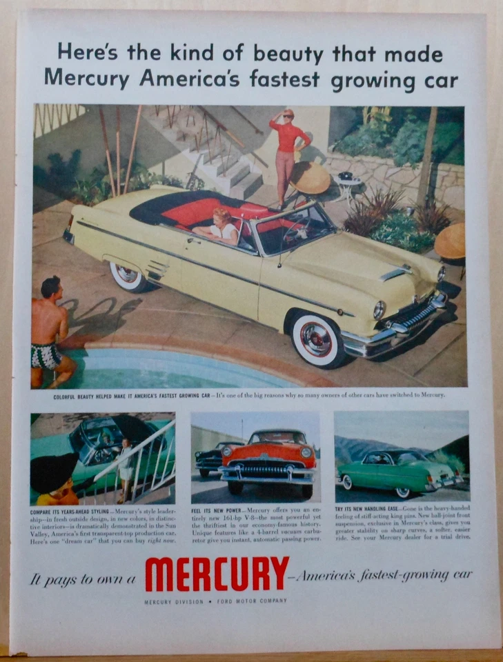 1954 magazine ad for Mercury - yellow convertible at poolside, colorful beauty - Image 1 of 1