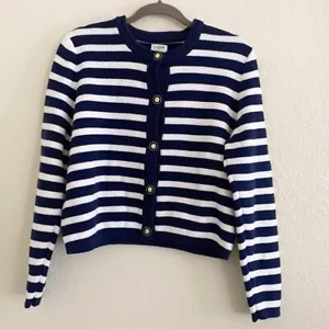 J. Crew Size Medium Striped cotton lady cardigan sweater Ivory Navy Stripe - Picture 1 of 9