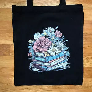 Gothic Victorian Book Worm Vintage Flowers Black Canvas Tote Back - Bild 1 von 4